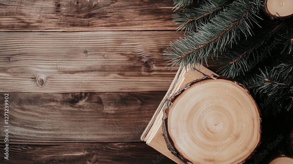 Poster rustic wooden surface with evergreen pine branches and natural logs : generative ai