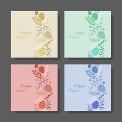 Easter set. Warm pink greeting card with decorative eggs, floral details, and branches. A romantic and festive holiday design.