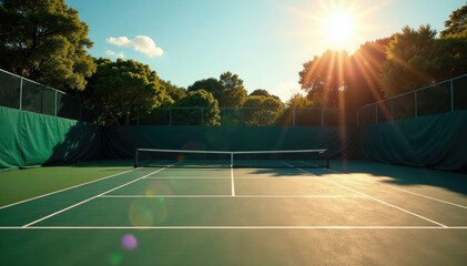 Empty tennis court with sun shining through the gaps, tennis, racket, scoreboard