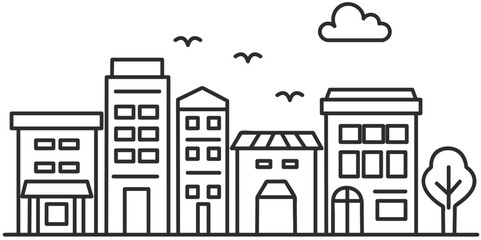 Icon of a small town or a sleeping area of ​​a city, black line.