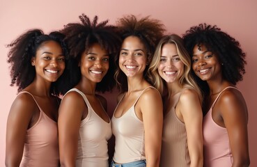 Fototapeta premium Diverse group women smile, pose on pink background. Multi-ethnic females different body types wear white tops, blue jeans. Positive attractive girls friends show body positive movement, embrace