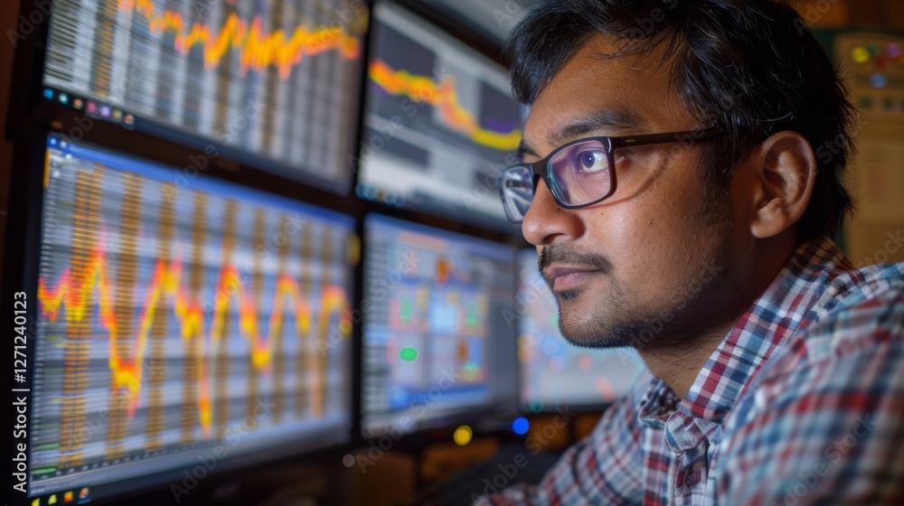 Poster A trader intently observes various financial graphs and charts displayed on multiple screens in a well lit office. The late evening hours enhance the focus on market trends and data analysis.