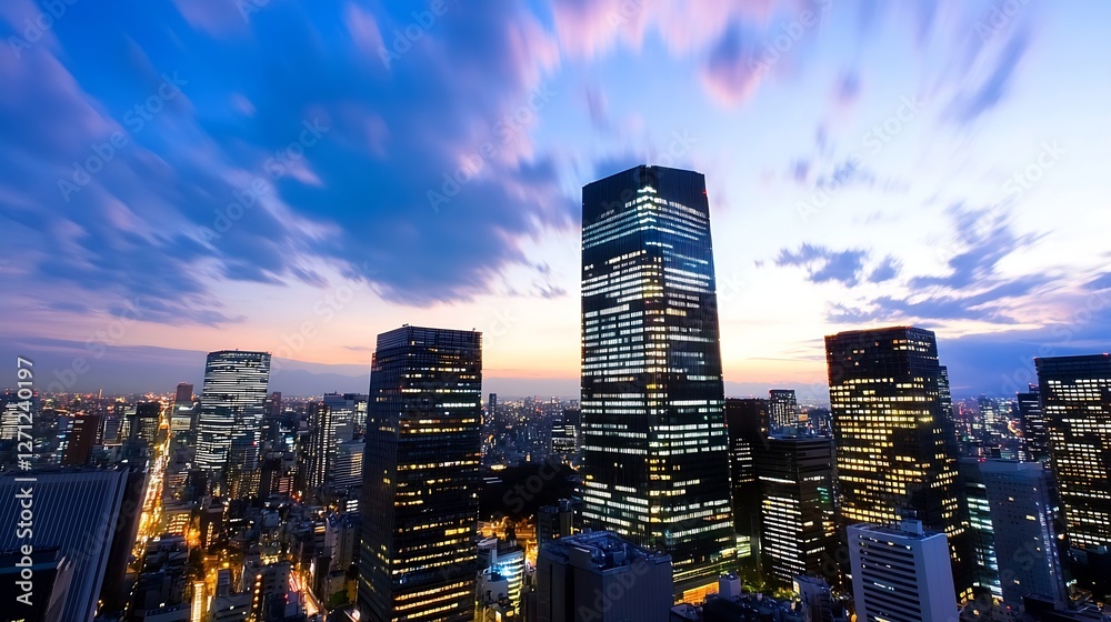 Aufkleber Dramatic skyline view of a modern metropolis illuminated at twilight : Generative AI