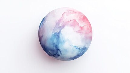 A colorful, marbled sphere blending shades of pink and blue, set against a white background, showcasing a smooth, artistic design.