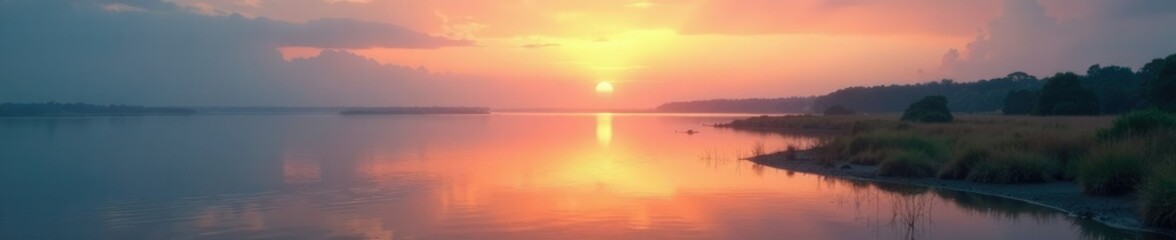 Fototapeta premium Estuary at dawn with gentle ripples on the water, serene, calm, wildlife