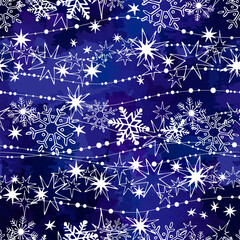 Beautiful white cute  snowflakes on a blue vivid background. Seamless winter pattern. Vector image illustration.