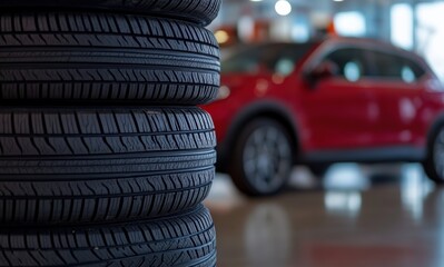 New tires displayed in dealership with red vehicle in background