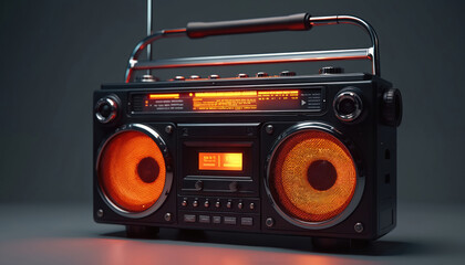 Obraz premium Retro boombox stereo with orange speakers. Old tape cassette player recorder radio receiver. Vintage 80s 90s style music portable pop dj equipment. Electronic tech design, musical entertainment, club