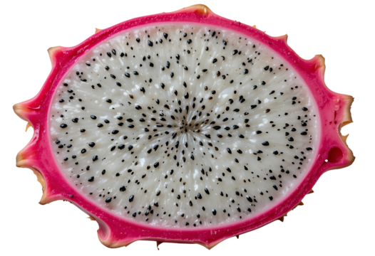A halved dragon fruit with pink skin and speckled white flesh.