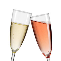 Two flute rose and white champagne glasses toast, close up on white background, studio shot
