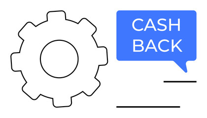 Gear icon beside blue speech bubble with CASH BACK. Ideal for financial incentives, rewards programs, automation, cost efficiency, customer loyalty, business strategy, economic benefits. Abstract