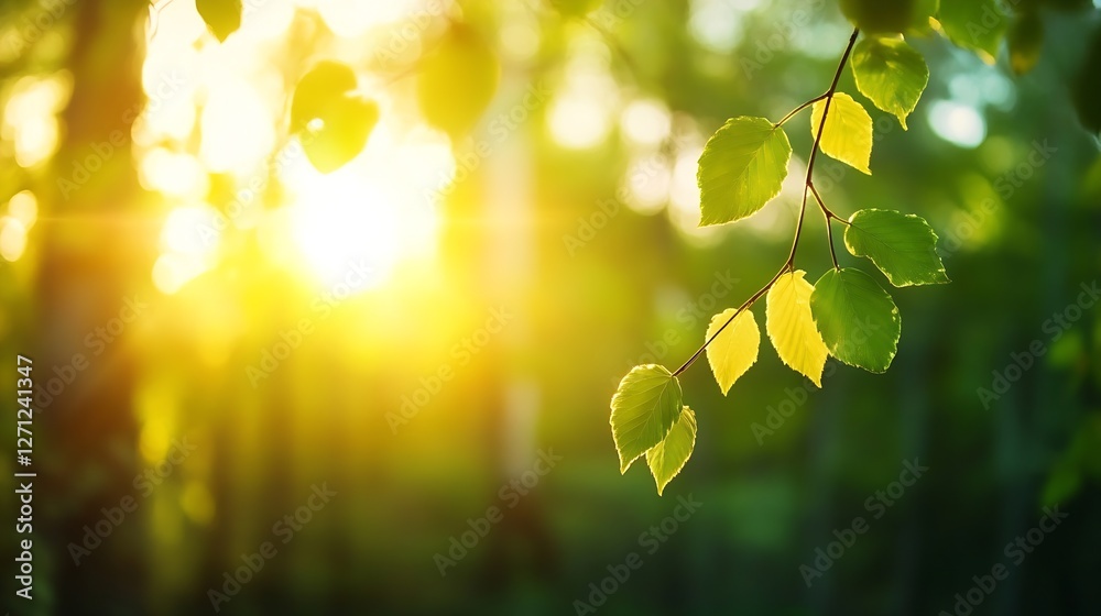 Poster Beautiful closeup of sunlit green leaves with gentle bokeh in a serene forest setting : Generative AI