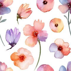 Vibrant watercolor floral pattern with assorted flowers in various colors on a white background