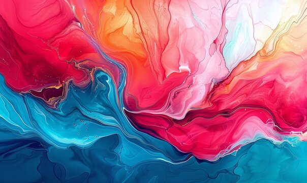 A painting of a colorful swirl with blue, red, and pink colors