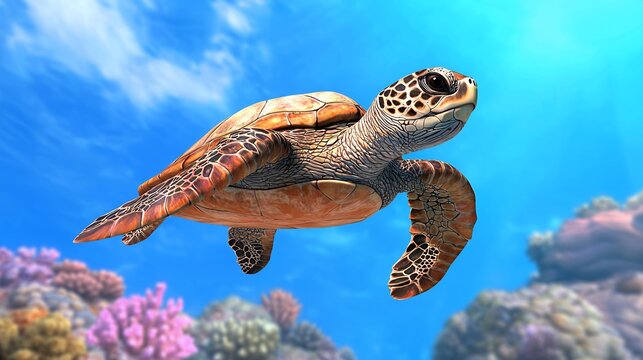Graceful Sea Turtle Swimming in Vibrant Coral Reef, Underwater Wildlife Photography