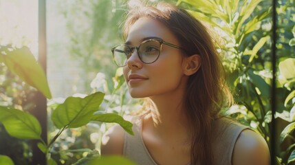 Myopia prevention with a woman wearing glasses gardening outdoors. Outdoor fitness, wellness, and eye health