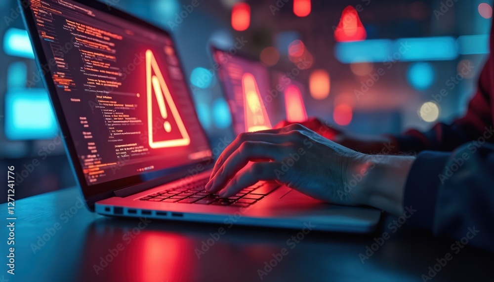 Wall mural close-up of person using laptop. red warning sign floats on screen. concept of security threat, data
