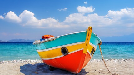 Fototapeta premium Colorful boat is sitting on the beach, with the ocean in the background. The boat is a bright orange, yellow, and blue, and it is a small fishing boat. The scene is peaceful and serene
