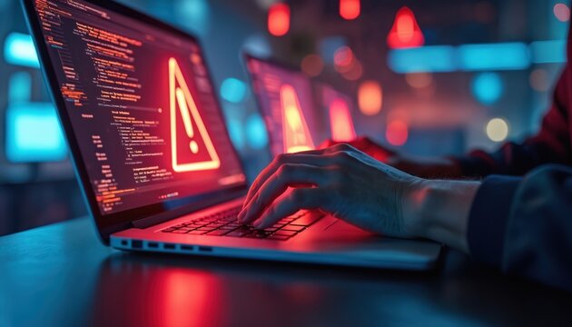Close-up of person using laptop. Red warning sign floats on screen. Concept of security threat, data breach. Hacker types on keyboard, risk of virus attack. Digital safety, information alert.