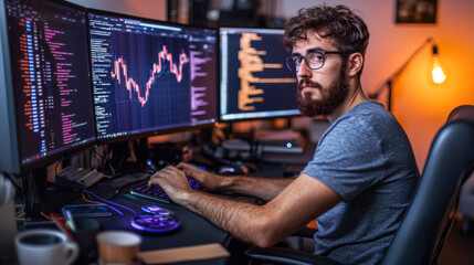 Data analyst working late at night, focused on multiple screens, coding and analyzing data