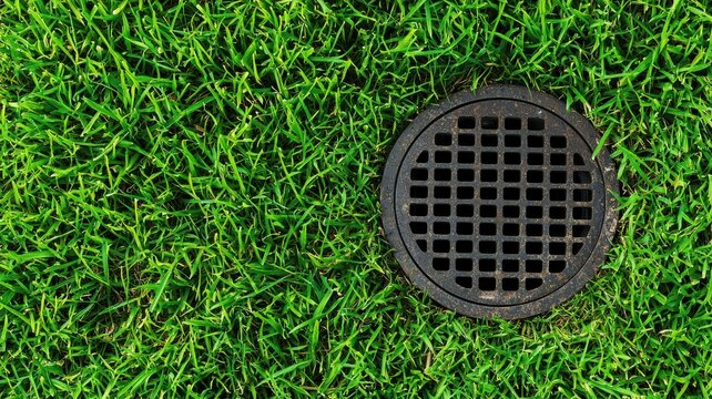 Lush Green Grass Lawn with Metal Drainage Grate Cover