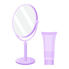 Skincare set icon. Round mirror and cosmetic tube. Used for beauty, self-care, and facial care routines.