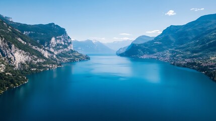 Obraz premium Breathtaking Aerial View of Clear Blue Lake Surrounded by Majestic Mountains Under a Bright Sky : Generative AI