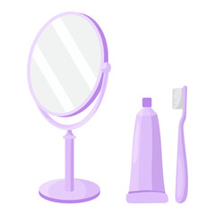 Bathroom essentials set icon. Round mirror, toothbrush, and toothpaste. Items for dental hygiene and personal grooming