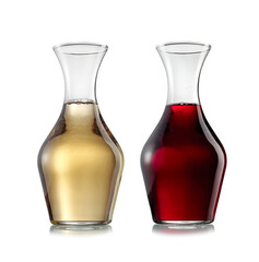 Two carafes with red, and white wine on white background, studio shot