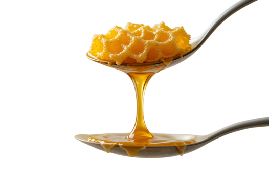 Liquid Gold Honeycomb Dripping from a Floating Spoon – A detailed honeycomb suspended in midair with honey dripping in slow motion.