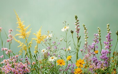 Obraz premium A mixed bouquet of wildflowers on a pastel green background