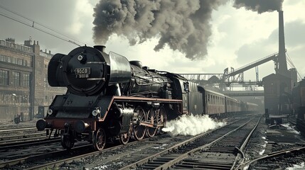 Naklejka premium Majestic Steam Locomotive in Industrial Setting