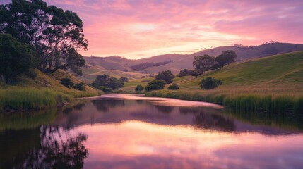 Fototapeta premium Picturesque twilight over tranquil river valley landscape creating serenity