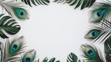 Obraz premium Elegant Tropical Frame Peacock Feathers Monstera Leaves on White Background