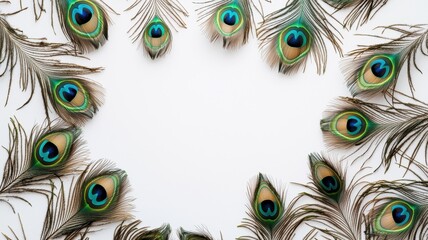 Obraz premium Vibrant Peacock Feathers Frame Elegant Nature Design White Background Copy Space
