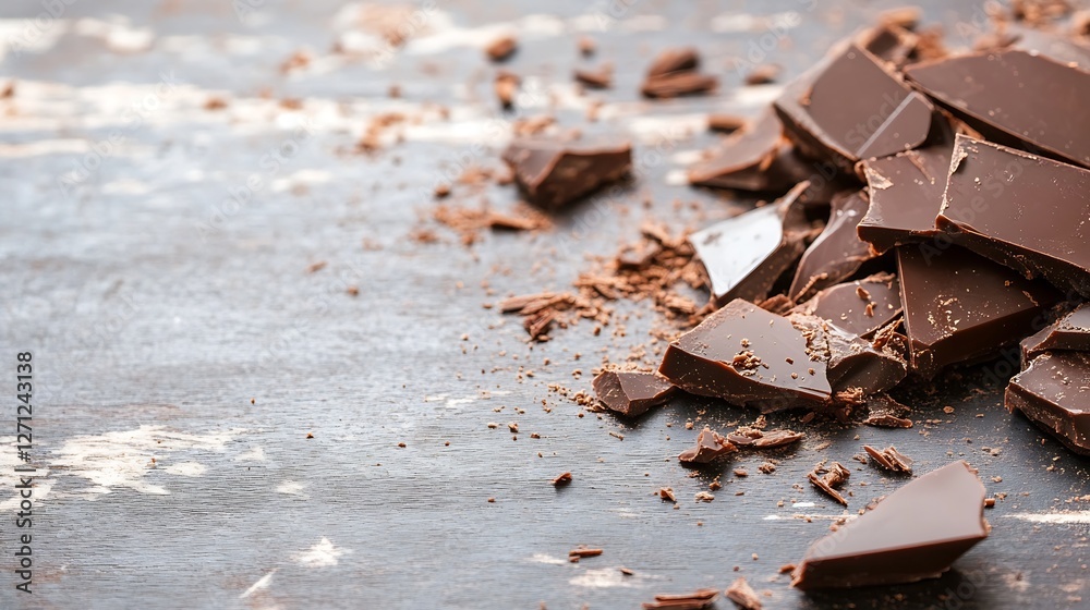 Aufkleber dark chocolate pieces scattered on rustic wood background inviting indulgence and luxury : generativ