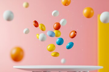 Colorful assortment of pills are floating in the air, creating a sense of chaos and disorder. The pills come in various shapes and sizes, with some being larger and others smaller