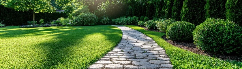 Obraz premium Serene Garden Path Lush Green Lawn Stone Walkway Landscaping Design