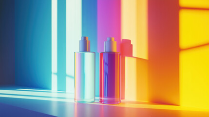 Obraz premium vibrant display of skincare bottles in colorful light, showcasing modern aesthetic. interplay of shadows and hues creates visually striking composition