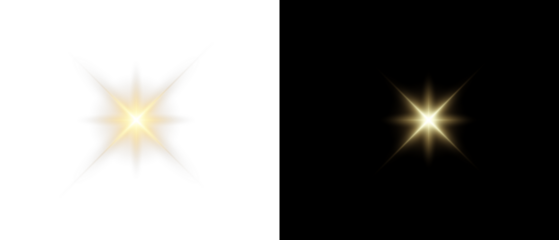 Yellow star flashed with sparkles sun isolated on white background. Soft glow without departing rays, sunlight with lens flare effect. PNG vector light effect