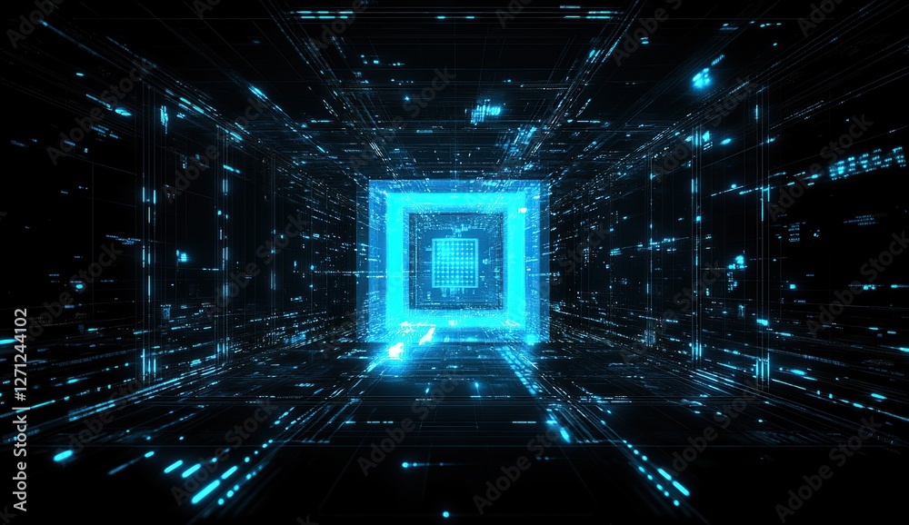 Poster exploring the digital core: a journey through a futuristic cyberspace tunnel with glowing lines and 