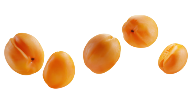 Fresh apricot floating in mid air, isolated on transparent background, showcasing its vibrant orange color and smooth texture in high quality 3D render. Isolated on Transparent Background