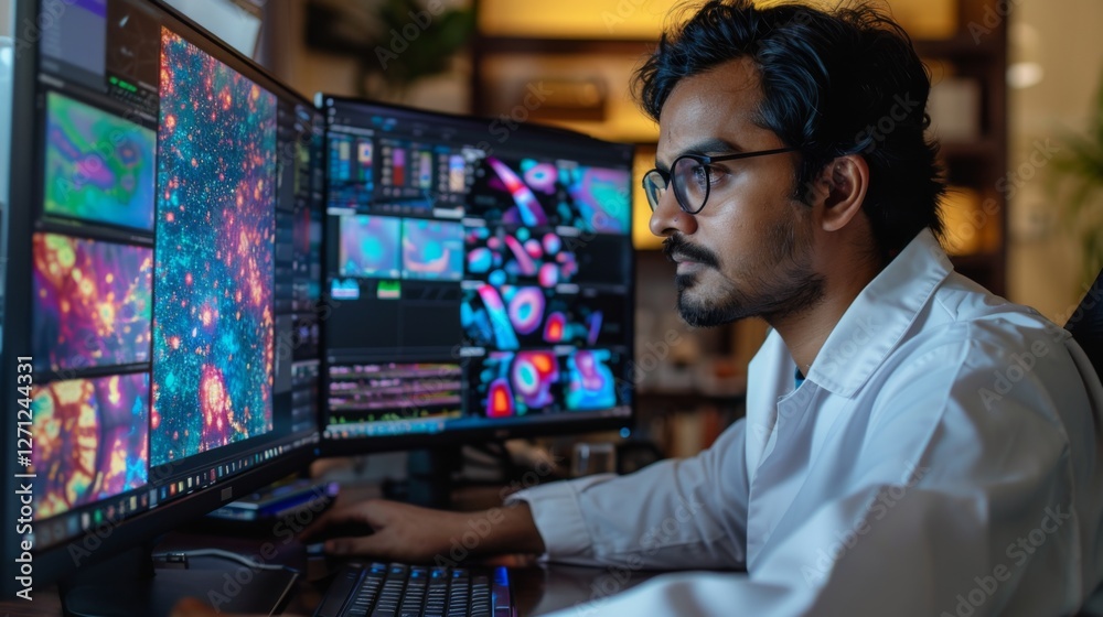 Poster Individual in a lab coat collaborates with advanced technology by analyzing visual data on several large screens in an office setting at night, showing intense concentration and expertise.