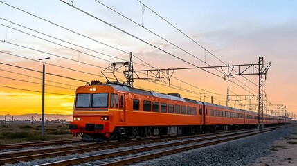 Fototapeta premium Orange Train at Sunset on a Desert Railway