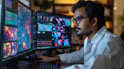 Individual in a lab coat collaborates with advanced technology by analyzing visual data on several large screens in an office setting at night, showing intense concentration and expertise.