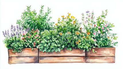 A vibrant wooden planter filled with colorful herbs and flowers, showcasing a lush garden scene.