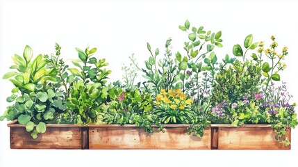 A vibrant wooden planter overflowing with a variety of lush green herbs and plants, showcasing nature's beauty.