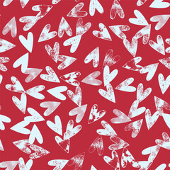 Pink vector seamless pattern with textured hearts in grunge style. Print, background, wallpaper, design