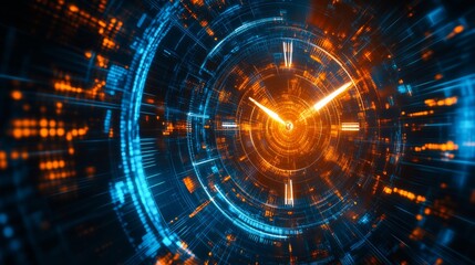 Obraz premium Abstract futuristic time travel concept with a clock face in a digital space background. 