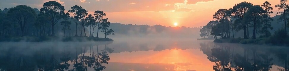 Misty dawn over a tranquil swamp with cypress trees reflected in calm water, water reflections, stillness, peaceful landscapes